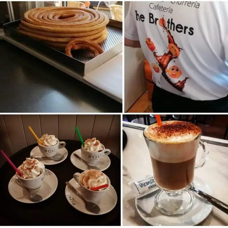 Collage de churros, cafés  y camiseta de servicio de The Brother Chocolatería 